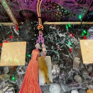 Pink and Gold Tassel Keychain with Agate Pendant